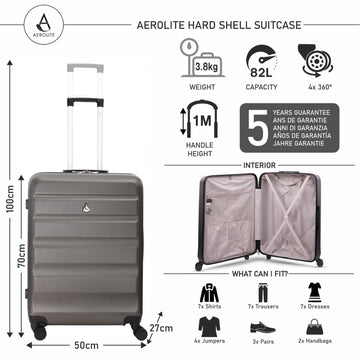 Aerolite suitcase features and dimensions infographic